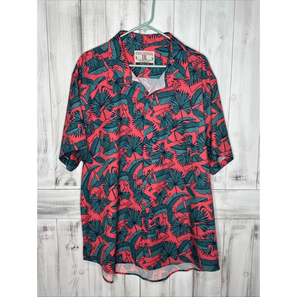 Savage Tacticians Shirt Men's XXL Pink Hawaiian Flamingo Guns Military Tactical